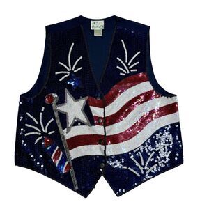 Quacker Factory Sequin Vest Size Large Patriotic USA Flag 4th Of July Novelty